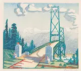 Lion's Gate Bridge by Margaret Shelton, 1942, lino block in five colours on paper, sold May 2014