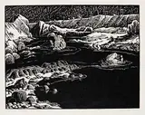 Thomson River, B.C. #19/50 by Margaret Shelton, 1943, lino block on paper, sold May 2014