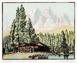 Castle Mountain #64/100 by Margaret Shelton, 1944, lino block in five colours on paper, sold May 2014