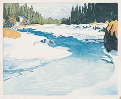 Margaret Shelton, Spray River and Goat Mountain, Banff #33/50, 1943, wood block in six colours on paper