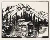 Boathouses at Banff #77/100 by Margaret Shelton, 1944, lino block on paper, sold May 2014