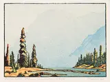 Twin Lakes, Storm Mountain #50/50 by Margaret Shelton, 1945, lino block in four colours on paper, sold May 2014