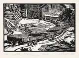 Cars at the Star Mine #1/100 by Margaret Shelton, 1946, lino block on paper, sold May 2014