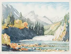 Margaret Shelton, Bowfalls Banff #25/100 Ed. 2, 1972, lino block in eight colours on paper