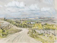 Ernest Luthi, Untitled - Rural Road into Valley, 1969, gouache and graphite on paper