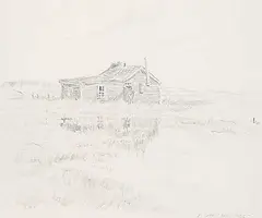 Ernest Luthi, Untitled - Cabin Reflected in Slough, 1966, graphite on paper