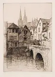 Caroline Armington, La Pont Bouju et la Cathedrale a Chartres #28/100, 1926, etching on paper