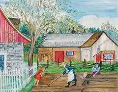 Marie-Cécile Bouchard, Untitled - Gardening in Springtime, oil on wood board