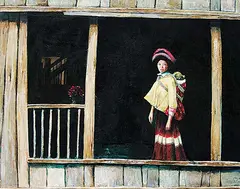 Dongmin Lai, Woman with Baby and Roses on Balcony, 1992, oil on canvas