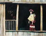 Dongmin Lai, Woman with Baby and Roses on Balcony, 1992, oil on canvas
