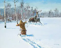 Michael Lonechild, Chasing Down the Bull Moose, 1977, acrylic on canvas