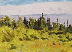 William Goodridge Roberts, Untitled - View of the Bay, oil on wood board