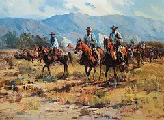 Jack Elmo King, Untitled - Centennial, Wagons Crossing near the Snake River in Idaho, oil on canvas