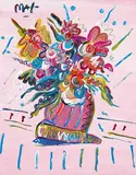 Peter Max, Untitled - Vase of Flowers on Pink Background, 1989, acrylic on canvas board