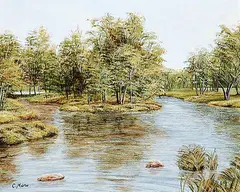 Carolyn Menu, River Divide, 1980, acrylic on wood board