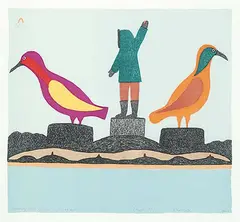 Kingmeata Etidlooie, Hunting with Stones #16/50, 1979, colour lithograph on paper
