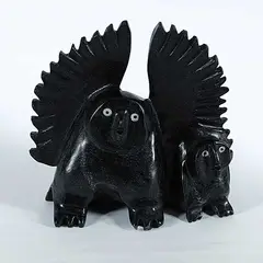 Johnisa Mathewsie, Owls, black stone carving with inset eyes
