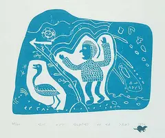 Josie Papialuk, Eskimo Hunter trying to hit a Goose #40/40, 1974, relief print on paper