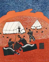 Lucy Qinnuayuak, Women Making Kayak #12/50, 1977, colour lithograph on paper