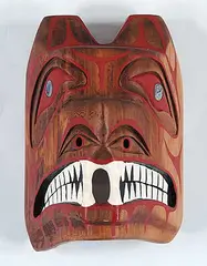 Jamie Gonsales, Untitled - Bear Mask, painted carved wood mask with abalone