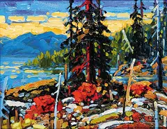 Rod Charlesworth, September Light, Kootenay Lake, oil on woodboard