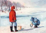 Genevieve Susan Kubryn, Untitled - Children Fishing, oil on canvas board