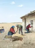 Allen Sapp, Fixing up Their House, acrylic on canvas