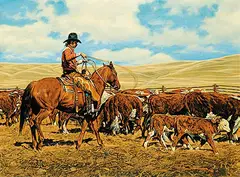 John Ralph Schnurrenberger, Herding Calfs at Big Meadow, oil on canvas