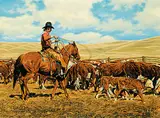 John Ralph Schnurrenberger, Herding Calfs at Big Meadow, oil on canvas