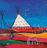 Jane Ash Poitras, Untitled - Flute Player with Teepee at the Sweat Lodge, 1994, acrylic on wood board