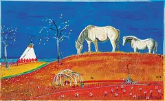 Jane Ash Poitras, Untitled - Horses, Teepee and Sweatlodge, 1994, acrylic on paper