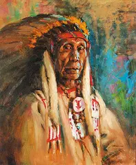One Gun Blackfoot by Mannie Gonsalves, oil on wood board, sold Nov 2013