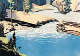 Second Falls, Johnson's Canyon #91/200 by Margaret Shelton, 1943, lino block in five colours on paper, sold Nov 2013