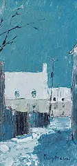 Guy Morin, Old Houses - Winter - Quebec, 1983, oil on wood board