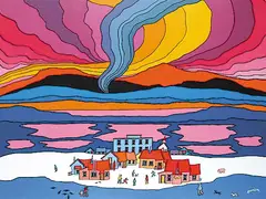 Ted Harrison, Golden Yukon, 1979, acrylic on wood board
