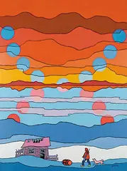 Ted Harrison, The Orange Barrel, 1979, acrylic on wood board