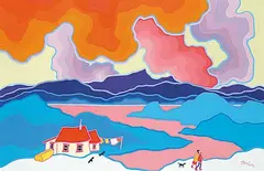 Ted Harrison, Lakeside Walk, 1984, acrylic on canvas