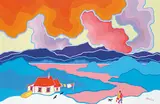 Ted Harrison, Lakeside Walk, 1984, acrylic on canvas
