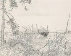 E. J. Hughes, The Freighter Rungstad at Crofton, 1970, graphite on paper