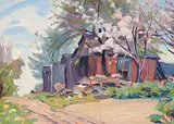 Bernice Fenwick Martin, This Olde House in Cherry Blossom Time, oil on wood board