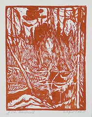 J. E. H. MacDonald, Beaver Pond, Algoma, 1920, lino block on paper