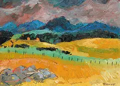 Wind in the Grass near Pincher Creek by Alasdair Burns Monro, 1990, oil on wood board, sold Apr 2013