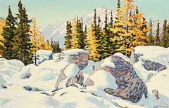 Herbert Otto Sellin, Larch and Rock Landscape [Near Schaffer Lake, Above Lake O'Hara], 1984, acrylic on wood board