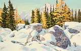 Herbert Otto Sellin, Larch and Rock Landscape [Near Schaffer Lake, Above Lake O'Hara], 1984, acrylic on wood board