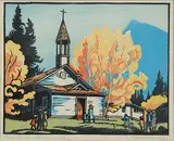 First Catholic Church at Banff #23/200 by Margaret Shelton, 1952, lino block in five colours on paper, sold Apr 2013