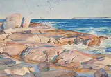 Henry John Simpkins, Untitled - Seagulls over a Rocky Beach, 1938, watercolour on paper