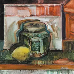 Jacqueline Stehelin, Untitled - Ginger Jar and Lemon, oil on wood board