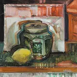 Jacqueline Stehelin, Untitled - Ginger Jar and Lemon, oil on wood board