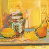 Jacqueline Stehelin, Untitled - Ginger Jar and Pear, oil on wood board