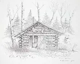 Edward Cobiness, Home of Indian Trappers, 1974, ink on paper